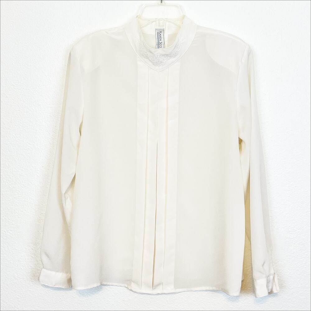 Vintage Karen Scott Mock Neck Chiffon Pleated Blouse Long Sleeve White 12
